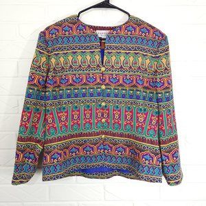 Vintage Papell Petites Colorful Moroccan Inspired Silk Button Up Jacket 10P